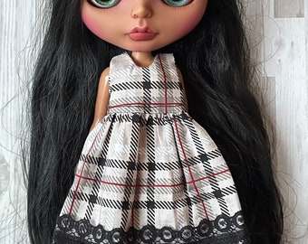 Maxi Dress for Neo Blythe  - Holiday Black Grey Red Plaid Dress and matching Hair Bow for Blythe Dolls