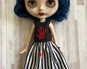 Dress for Neo Blythe  - Bloody Hand Black Red White Stripes and Bows Dress