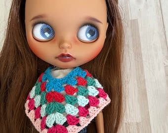 Neo Blythe Granny Square Poncho - Red Blue Green Pink