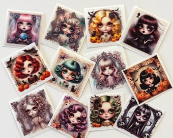 May include: A collection of twelve square stickers featuring stylized illustrations of characters with large eyes and varied hair colors, including pink, blonde, red, teal, purple, and black, surrounded by decorative frames, pumpkins, and bats.