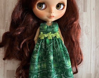 White  Green St Patricks Day Clover Beer Dress for Blythe Dolls - Irish Four leaf clover