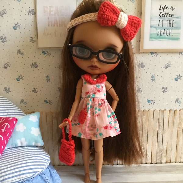 Ensemble robe et nœud pour Neo Blythe - Floral rouge rose