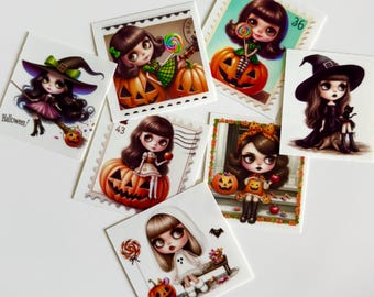 May include: A collection of seven square stickers featuring illustrations of characters with large eyes in Halloween-themed settings. The designs include figures with pumpkins, lollipops, witch hats, and a ghost costume, with some featuring stamp-like borders.