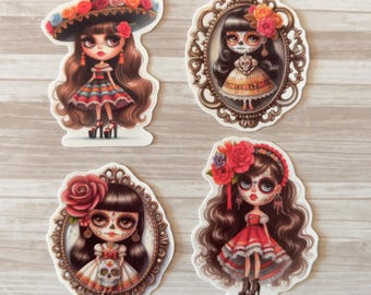 Glossy Vinyl Sticker Set of 4 - Dolls Sugar Skull Catrina Day of the Dead