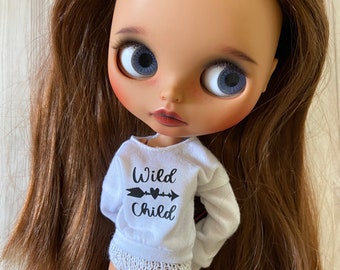 Neo Blythe T-Shirt - Black White Wild Child long sleeve shirt for Blythe doll