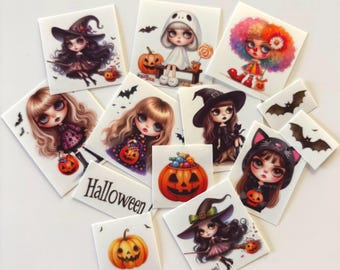 May include: A collection of square temporary tattoos featuring Halloween themes, including illustrations of characters in costumes, jack-o'-lanterns, bats, and the word Halloween printed in a black serif font on white square backgrounds.