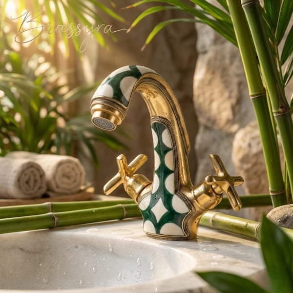 Handcrafted Moroccan Brass Sink Faucet with Resin Inlay