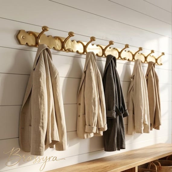 Solid Brass Engraved Coat Rack, Handmade Wall Coat Hooks