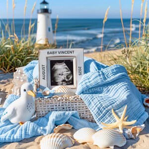 Nautische Schwangerschaftsankündigung Digital, Sommer Junge Geschlecht offenbaren, kundenspezifische Strandbabyankündigung, Meer Sie bald, Küstenmuschel, Segelboot
