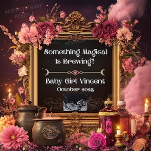 Faire-part de grossesse Halloween magique, faire-part de bébé d&#39;octobre sorcière, numérique MODIFIABLE, c&#39;est une révélation de sexe de bébé fille, brassage au chaudron