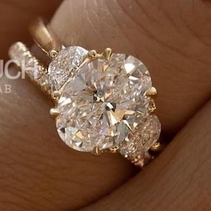3 ct Oval Lab Grown Diamond Engagement Ring with Half Moon Sides, Gold Wedding Ring, Gift for Her, Fine Jewelry for Women