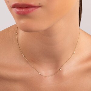 14K Gold Diamond Station Necklace: Dainty Minimalist Layered Design