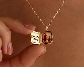 Photo Locket Necklace with Birthstone, Engraved Custom Pendant Keepsake, Gift for Mom