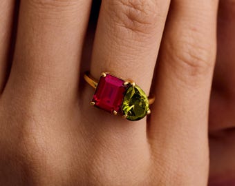 Custom Birthstone Ring • Personalized Engagement Ring • Wedding Ring for Her • Two Stone Ring • Gold Promise Ring • Gift for Her
