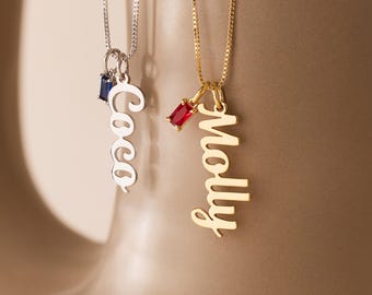 Custom Name Necklace with Birthstone – Personalized Name Jewelry for Women, Dainty Gold or Silver Nameplate Necklace, Gift for Mom