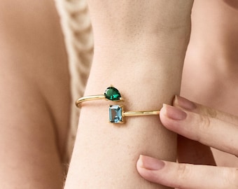 Custom Birthstone Bangle Bracelet • Mother Daughter Bracelet • Sisters Jewelry Gift • Two Stone Cuff • Personalized Gold Bracelet for Her