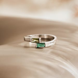 Double Baguette Birthstone Ring, Personalized Ring, Dainty Gemstone Ring, Couple Ring, Gift for Mom, Stacking Ring, anniversary Gift