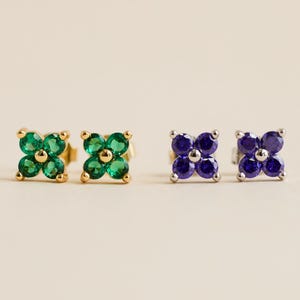 Custom Four-Leaf Clover Earrings, Personalized Birthstone Stud Earrings - 925 Sterling Silver, Minimalist Gemstone Jewelry Gift for Her
