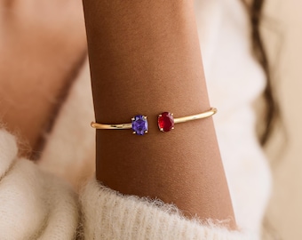 Oval Birthstone Bangle Bracelet, Personalized Two Stone Cuff, Dainty Jewelry gift, Mother Daughter Gift, Couple Bracelet, Friendship Gift