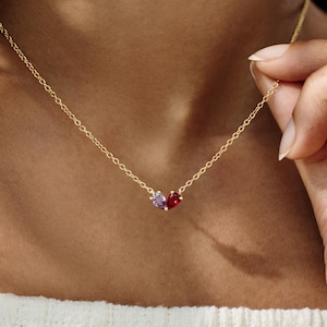 Lovers Birthstone Matching Heart Necklace, Minimalist Heart Birthstone Necklace, Gift For Girlfriend, Love Gift, Anniversary Family Gift