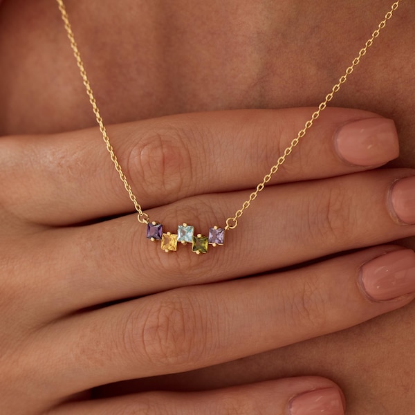 Collar personalizado con piedra natal familiar, barra de piedras preciosas escalonadas, regalo para mamá, regalo de aniversario personalizado, collar para mamá primeriza