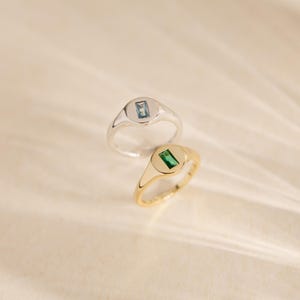 May include: Two signet rings, one silver and one gold, each featuring a rectangular gemstone. The silver ring has a light blue stone, while the gold ring showcases a green stone. Both rings are set against a soft, neutral background.