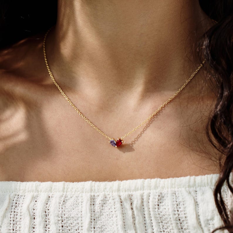 Lovers Birthstone Matching Heart Necklace, Minimalist Heart Birthstone