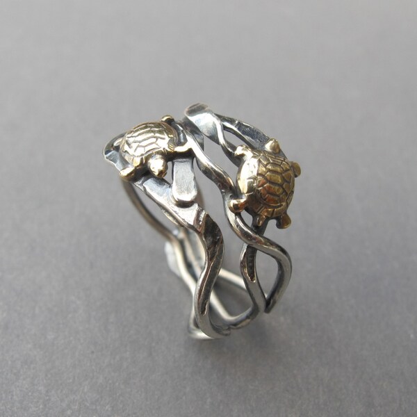 Double Brass Turtle and silver kelp mixed metal unisex ring