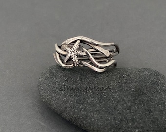 Silver Starfish kelp ring size 8 ready to ship
