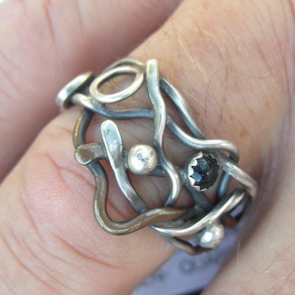 Extra Large Pirate Kelp Ring copper and silver mixed metal seaweed ring with black onyx stone