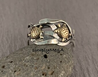 Double brass Turtle in silver Kelp mixed metal friendship ring size 10+ ready to ship