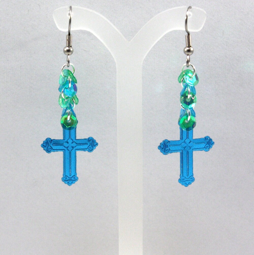 Blue Cross Earrings Religious Dangles Blue & Green Plastic Etsy