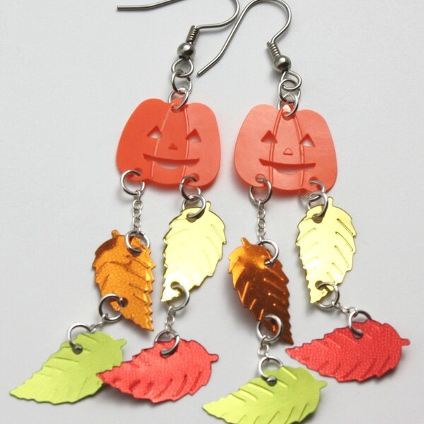 Autumn Earrings Orange Pumpkins & Fall Leaves Dangling Plastic Sequin Jewelry