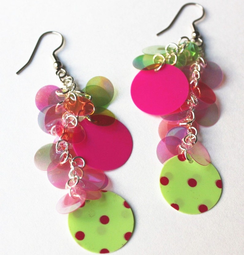 Sequin Earrings Pink & Green Polka Dot Iridescent Round Etsy