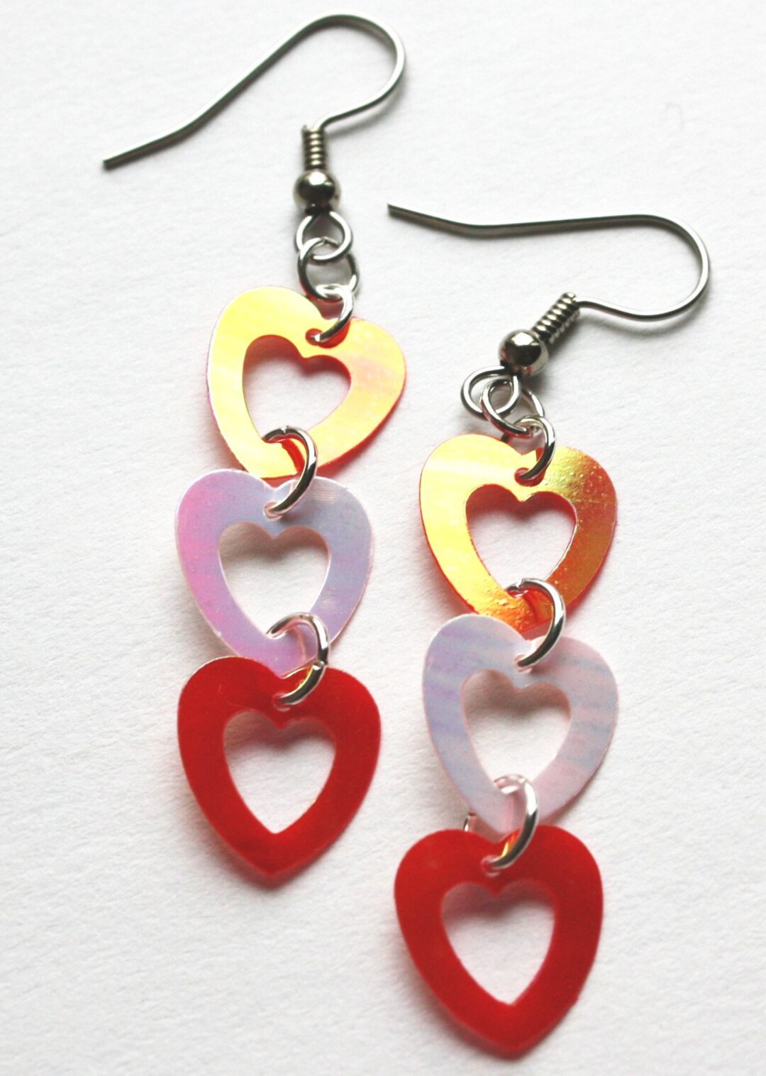 Valentine Earrings Linked Heart Earrings Red & Pink Iridescent Etsy