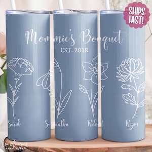Personalized Birth Flower Tumbler Gift for Mother&#39;s Day, Birth Month Flower with Names, Mom Bouquet Mug, Gift from Kids, Mama&#39;s Garden Cup