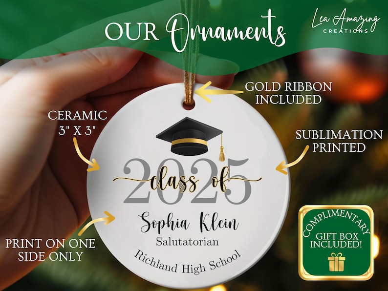 May include: White ceramic graduation ornament, 3" x 3", with a black graduation cap and the text "Class of 2025". Includes the name Sophia Klein, Salutatorian, and Richland High School. Gold ribbon included.