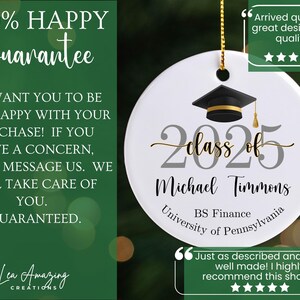 May include: White ceramic graduation ornament with a black mortarboard and gold tassel. Features the text "Class of 2025", a name, and "BS Finance, University of Pennsylvania". Includes a gold string for hanging.