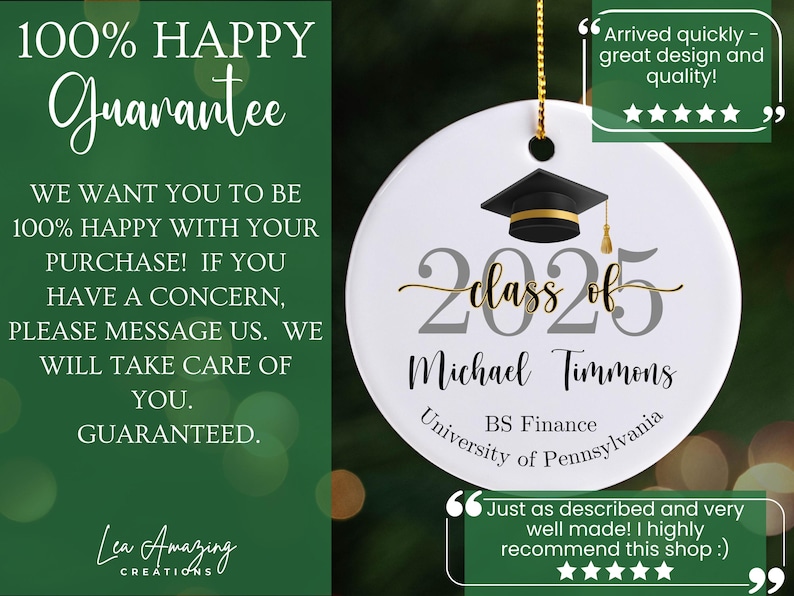 May include: White ceramic graduation ornament with a black mortarboard and gold tassel. Features the text "Class of 2025", a name, and "BS Finance, University of Pennsylvania". Includes a gold string for hanging.