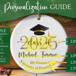 May include: A white ceramic graduation ornament with a black mortarboard hat and gold tassel. The ornament features the text "Class of 2025" and space for personalized details like a name, degree, and university.
