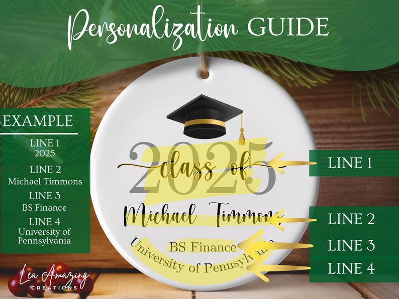 May include: A white ceramic graduation ornament with a black mortarboard hat and gold tassel. The ornament features the text "Class of 2025" and space for personalized details like a name, degree, and university.