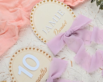 Baby Custom Name Milestone Cards, Wooden Lace Ribbon Bow Interchangeable Milestone, Baby Monthly Milestone Cards, Baby Shower Gift
