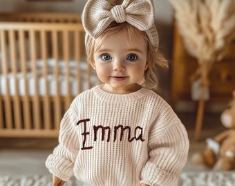 Personalized Baby Name Sweater, Custom Knit Newborn Sweater, Hand-Embroidered Baby Gift, Baby Shower Gift, Cozy Infant Outfit