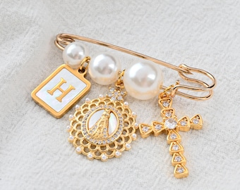 Catholic Baby Protection Pin, Virgin Mary Charm, Custom Baptism & Christening Gift, Personalized Newborn Boy Girl Religious Keepsake