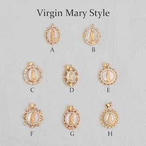 May include: Gold-toned Virgin Mary pendants in various designs. Each pendant features a central image of the Virgin Mary, surrounded by decorative elements like pearls and ornate frames. The image includes the text "Virgin Mary Style" at the top.