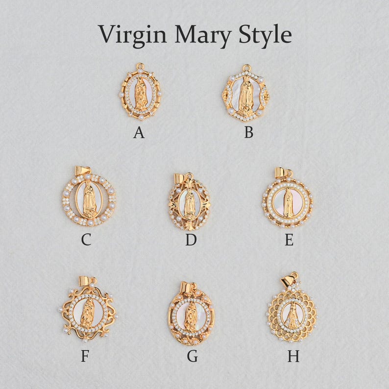 May include: Gold-toned Virgin Mary pendants in various designs. Each pendant features a central image of the Virgin Mary, surrounded by decorative elements like pearls and ornate frames. The image includes the text "Virgin Mary Style" at the top.