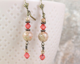 Autumn Jasper Earrings with Coral Crystals, Free Spirit