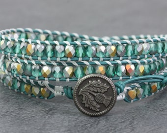 Scottish Thistle Bracelet, Jade Green Triple Wrap, Iridescent Glass Bead Jewelry