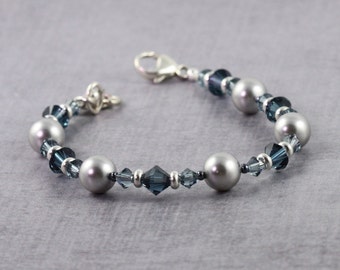 Gray Pearl Bracelet with Steel Blue Crystals, Ready to Ship