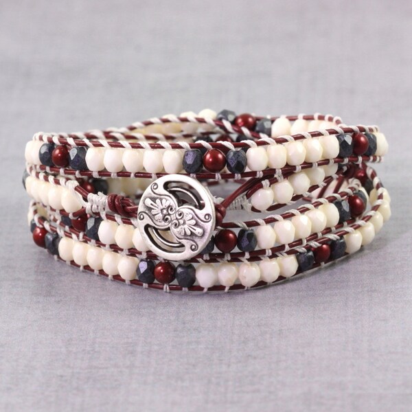 Maroon Wrap Bracelet, Hippie Jewelry, Burgundy Leather, Gunmetal and Cream